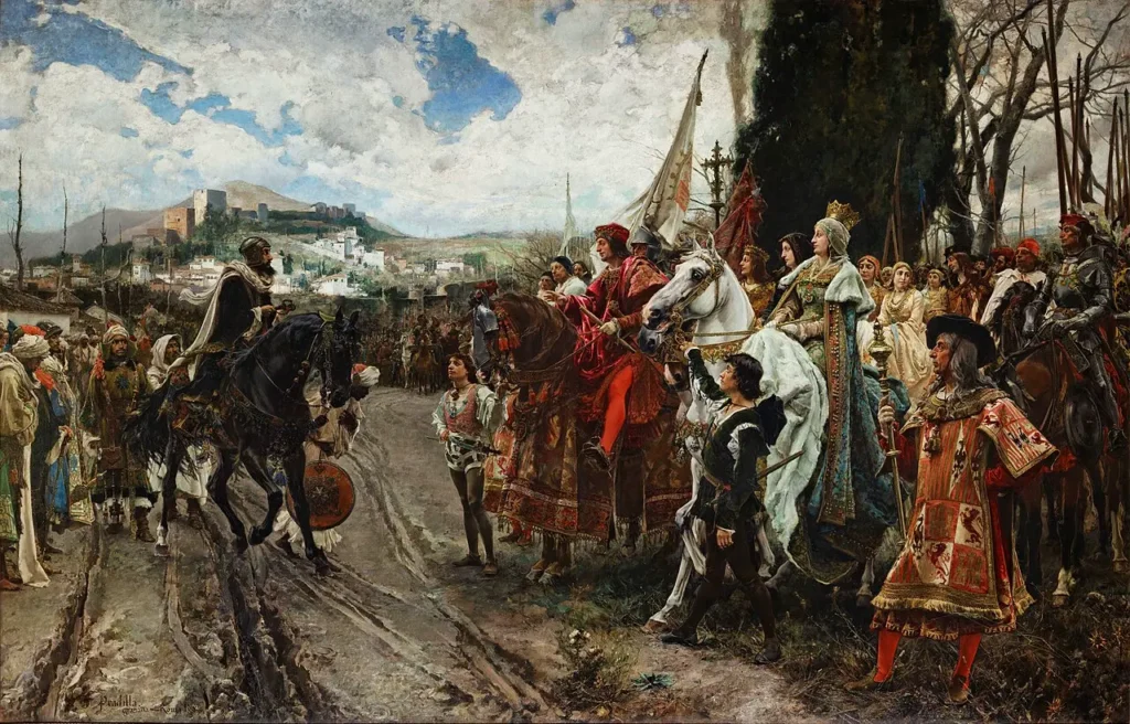 A rendição de Granada por F. Pradilla: Muhammad XII se rende perante Isabel de Castela e Fernando Aragão